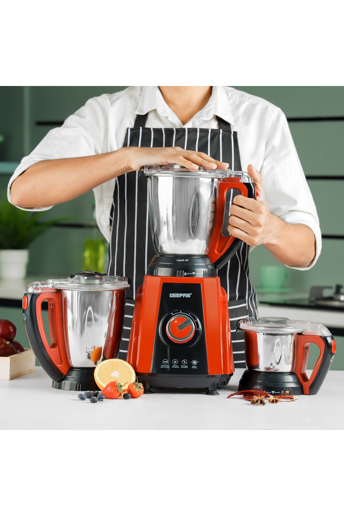 Geepas-3-in-1 Mixer Grinder, 3 Speed With Pulse, 1.5L Blending Jar & Grinder Jar, 0.5L Chutney Jar 4