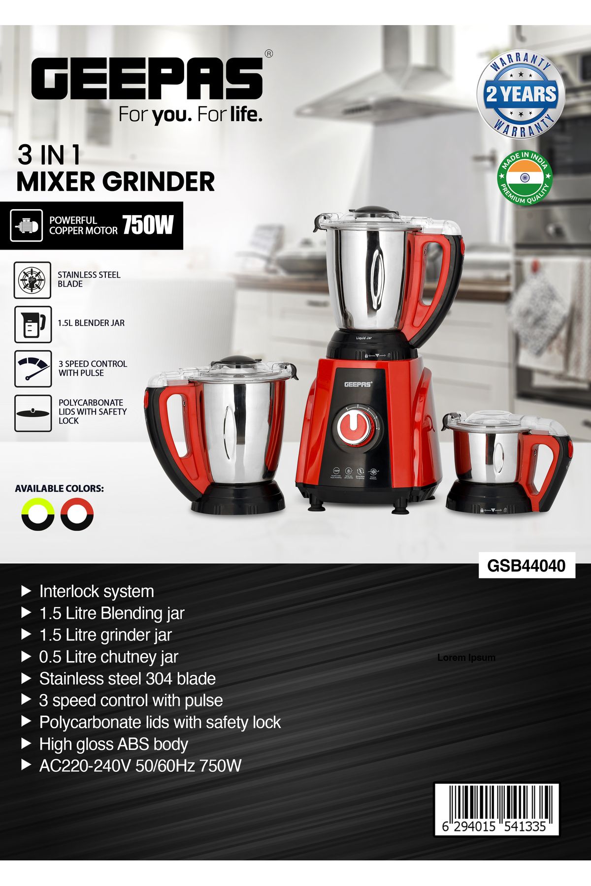 Geepas-3-in-1 Mixer Grinder, 3 Speed With Pulse, 1.5L Blending Jar & Grinder Jar, 0.5L Chutney Jar 6