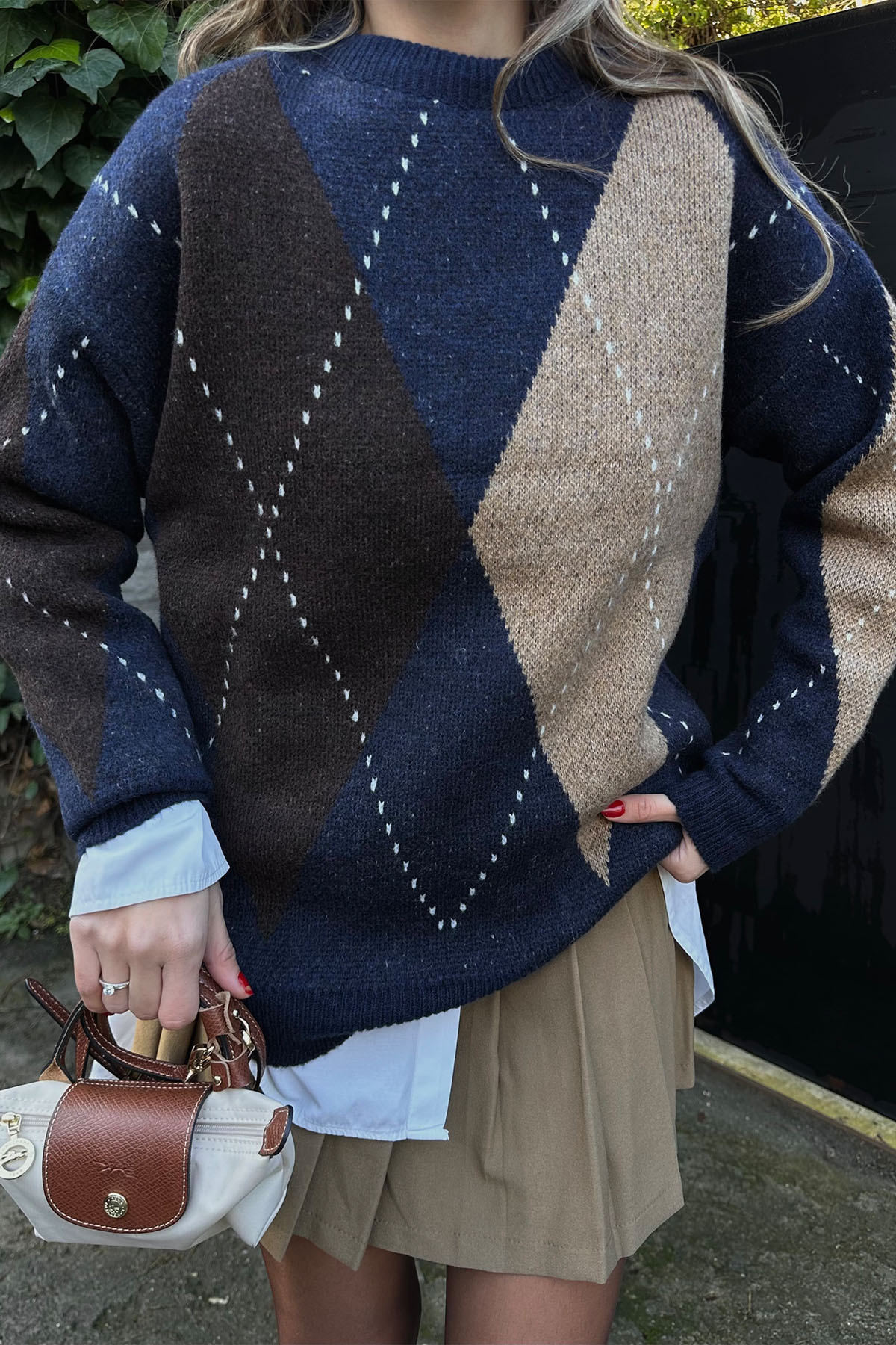 XHAN-Navy Blue Diamond Print Crew Neck Knitwear Sweater 5Kxk3-49085-14 5