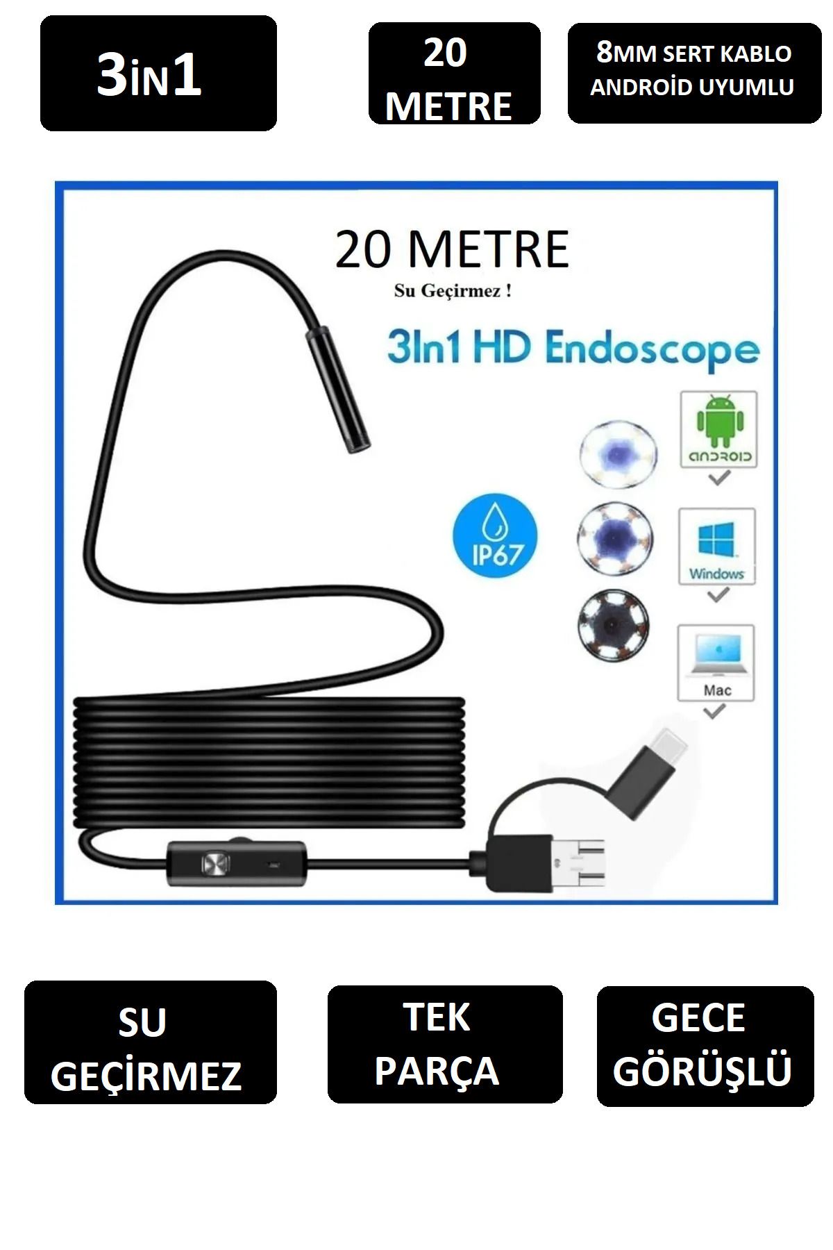 NARGO 20 Metre 8MM Su Geçirmez 3in1  Sert Kablo Tek Parça  Gece Görüşlü Endeskop Kamera