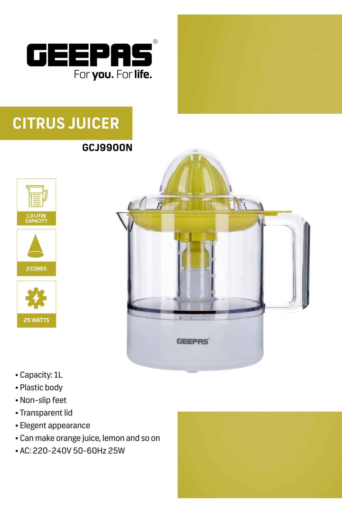 Geepas-GCJ9900 25W Citrus Juicer - Portable 2 Pressing Cone for Quick, Healthy, Nutritious Juices 6