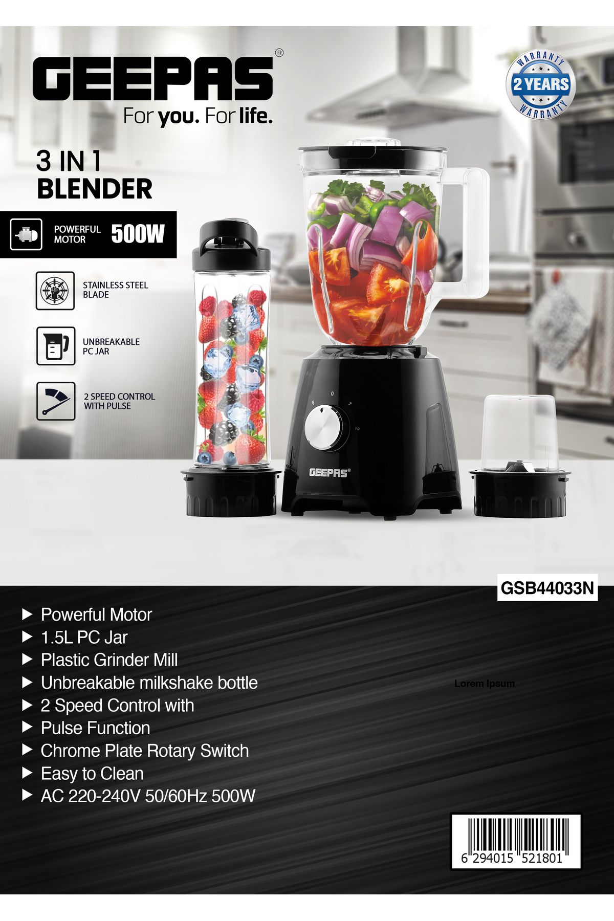 Geepas-3-in-1 Super Blender,2 Speed and Pulse Function, 1.5L & 500ml, Blender for Smoothie, Milkshake 8