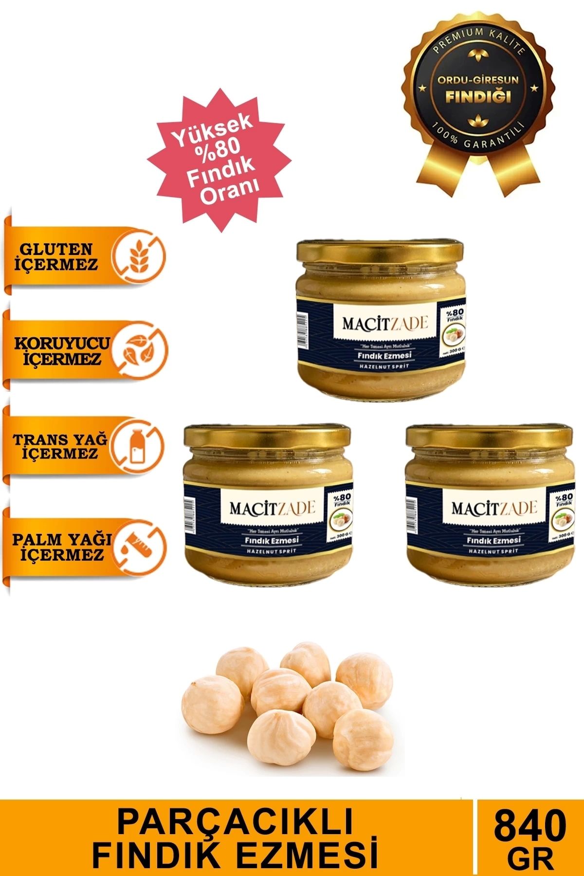 YenisiniAl Macitzade 280 gr Fındık Ezmesi 3'lü Gold Paket (%80 FINDIK) 840 gr