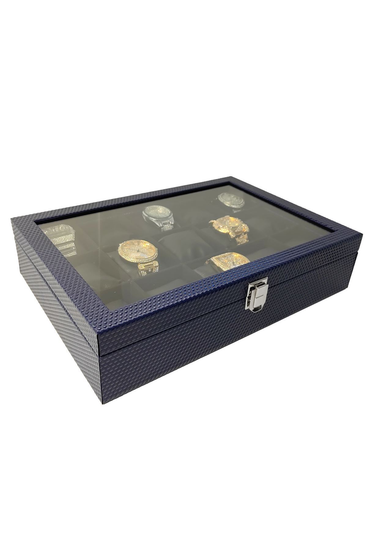 Chavin-Navy Blue Leather 15 Pieces Glass Watch Box st15-71 2