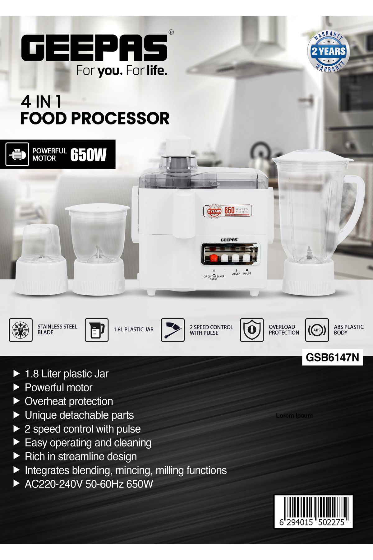 Geepas-650W 4-in-1 Food Processor-  2 Speed Control with Pulse| 2 Years Warranty| White 7