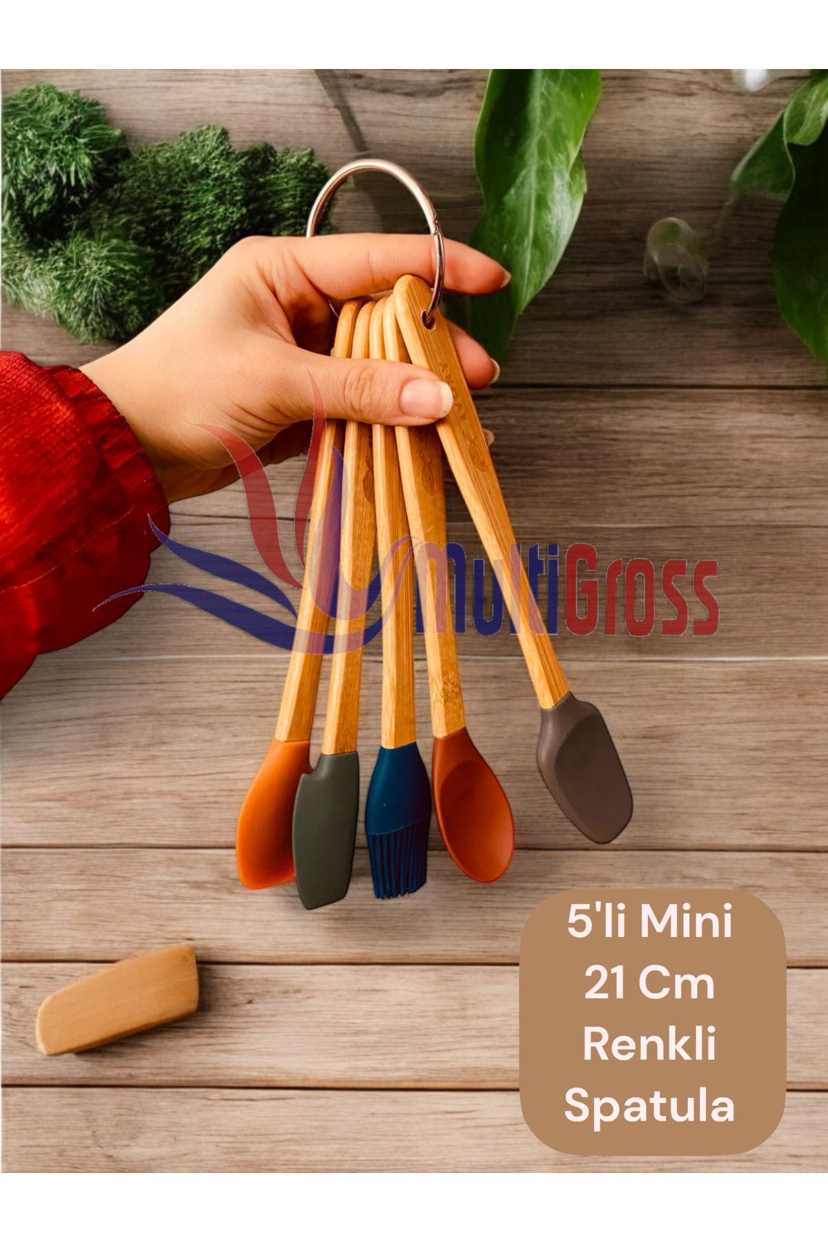 Multiamo-Ivory 5 Piece Bamboo Handle Mini 21 cm Silicone Spatula Spoon Brush Set 4