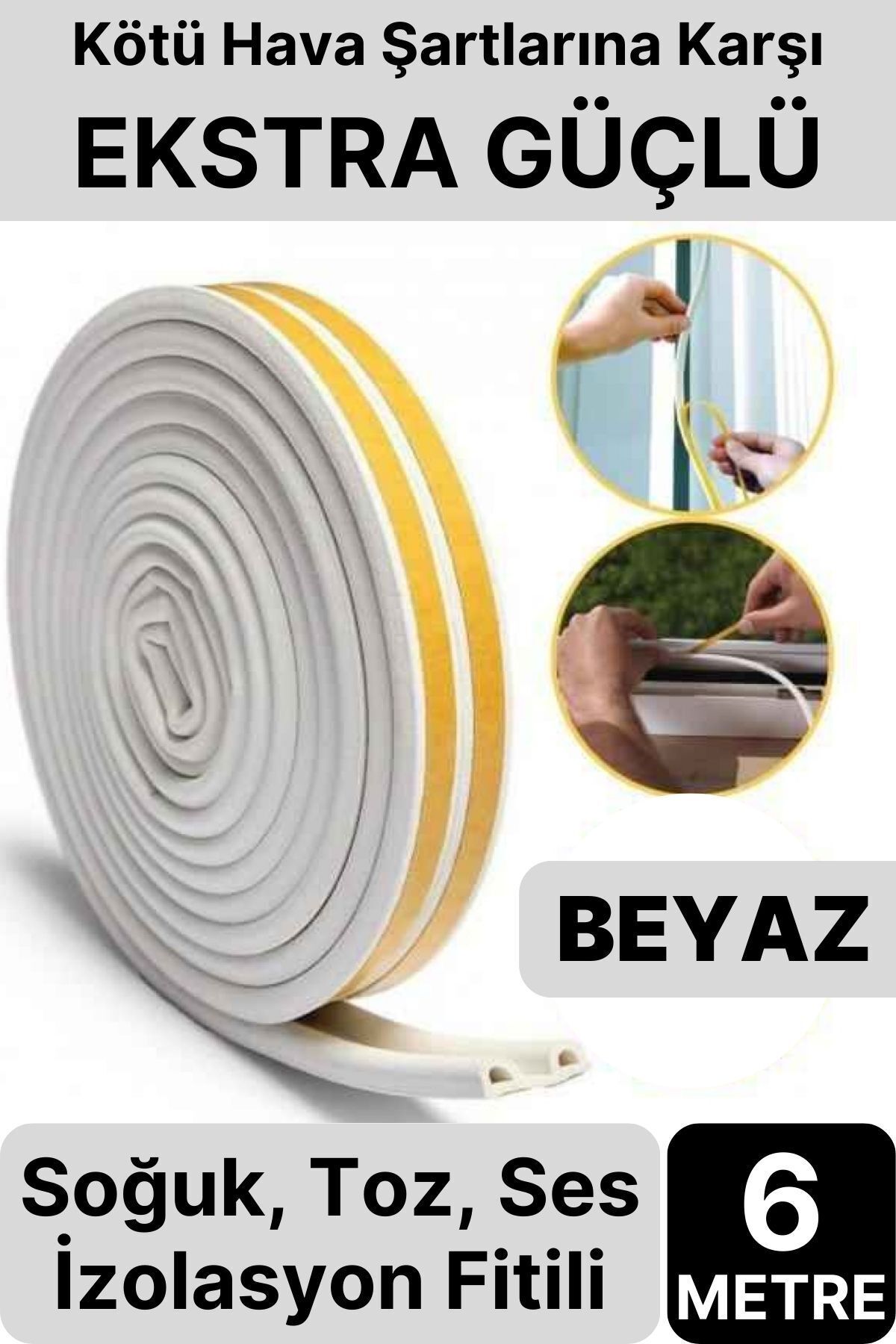 Svein 6 Metre Beyaz Pvc Doğrama Kapı Pencere Soğuk Geçirmez Sızdırmaz İzolasyon Fitil Yapışkanlı 3x2=6 mt