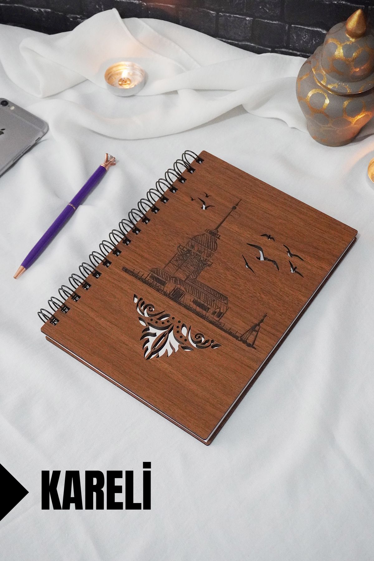 markcat-Maiden's Tower Themed Wooden Cover Notebook - Checked Notebook - Agenda - School Notebook (A5 - 120 Sheets) 1