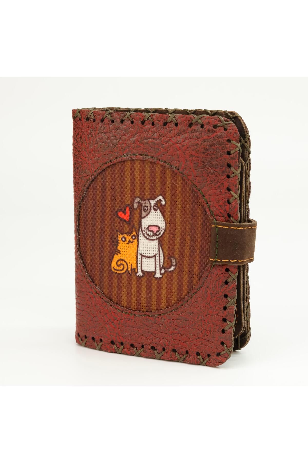 HOODİEMOUSE-Cat and Dog Figured Small Wallet Ethnic Bohemian Retro Style -Burgundy 3