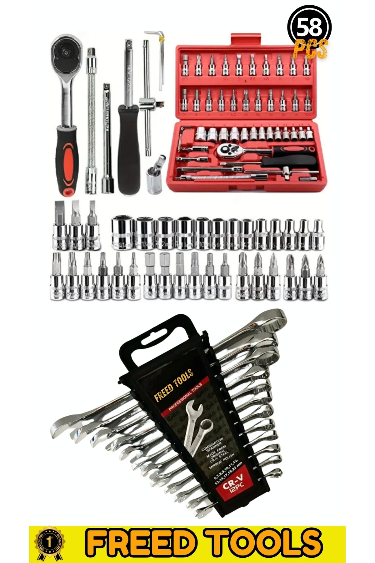 FREED TOOLS 58 Parça 46mini Lokma Takımı Otomatik Cırcırlı 1/4" 12 Parça Kombine Açık Ağız-yıldız Anahtar Takım