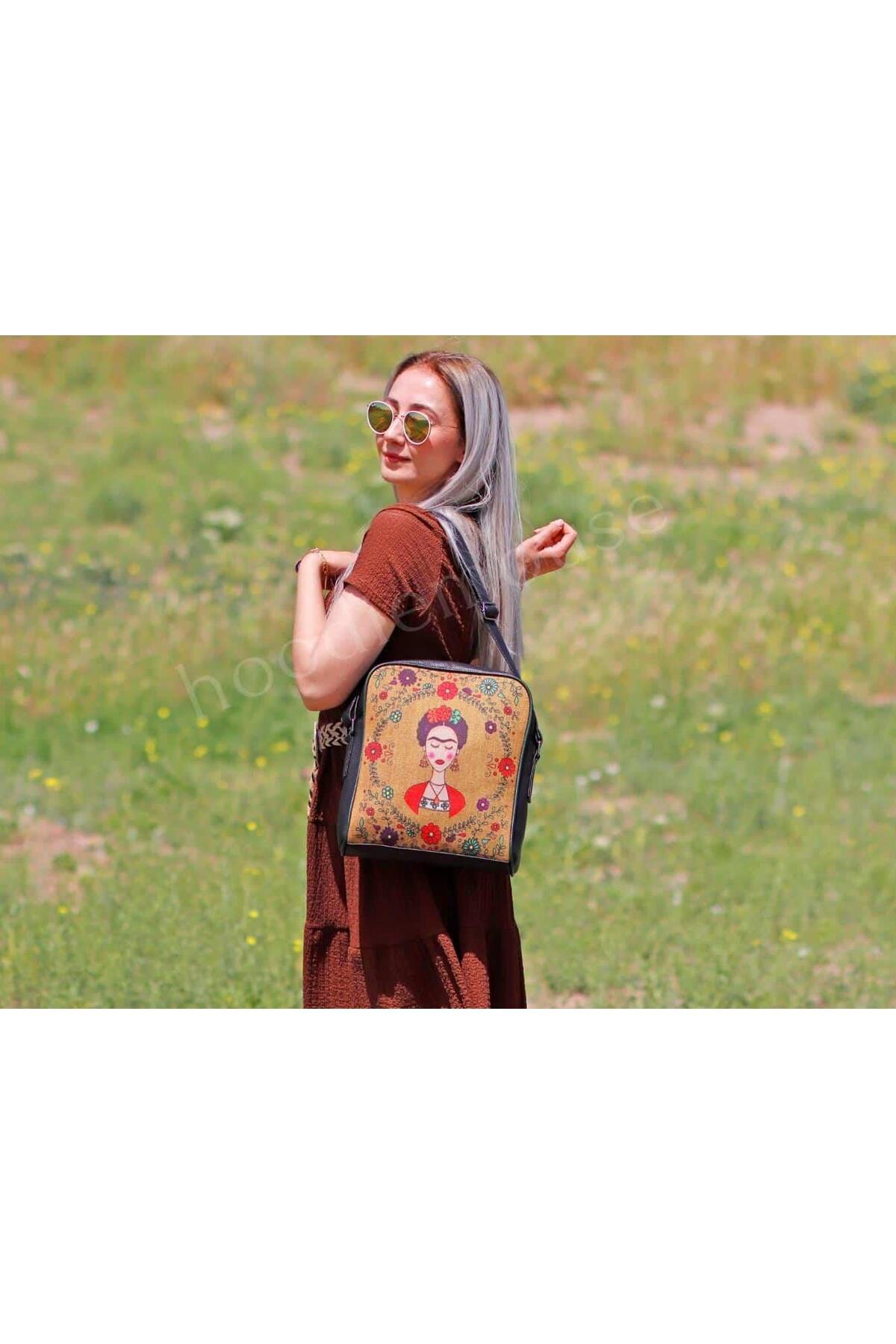 HOODİEMOUSE Frida Kahlo Figürlü Büyük Postacı Kol Çantası Etnik Bohem Style - Siyah görsel 2