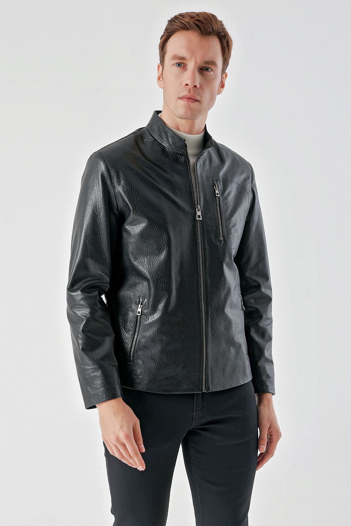 Morven-Men's Black Ibiza Biker Short Leather Coat 4