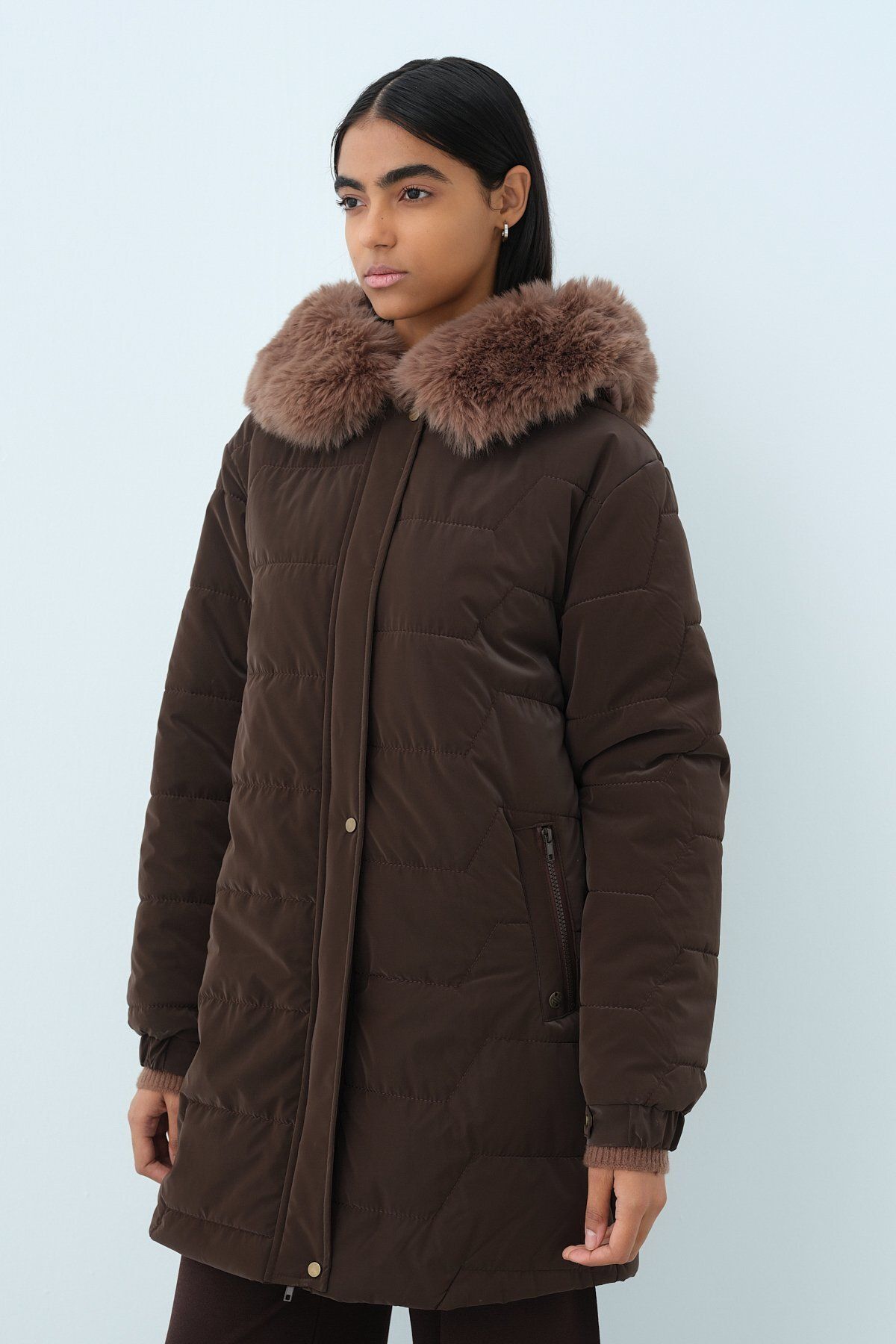 Nihan-Quilted Coat - Mobile Shearling and Hoodie, Brown 1