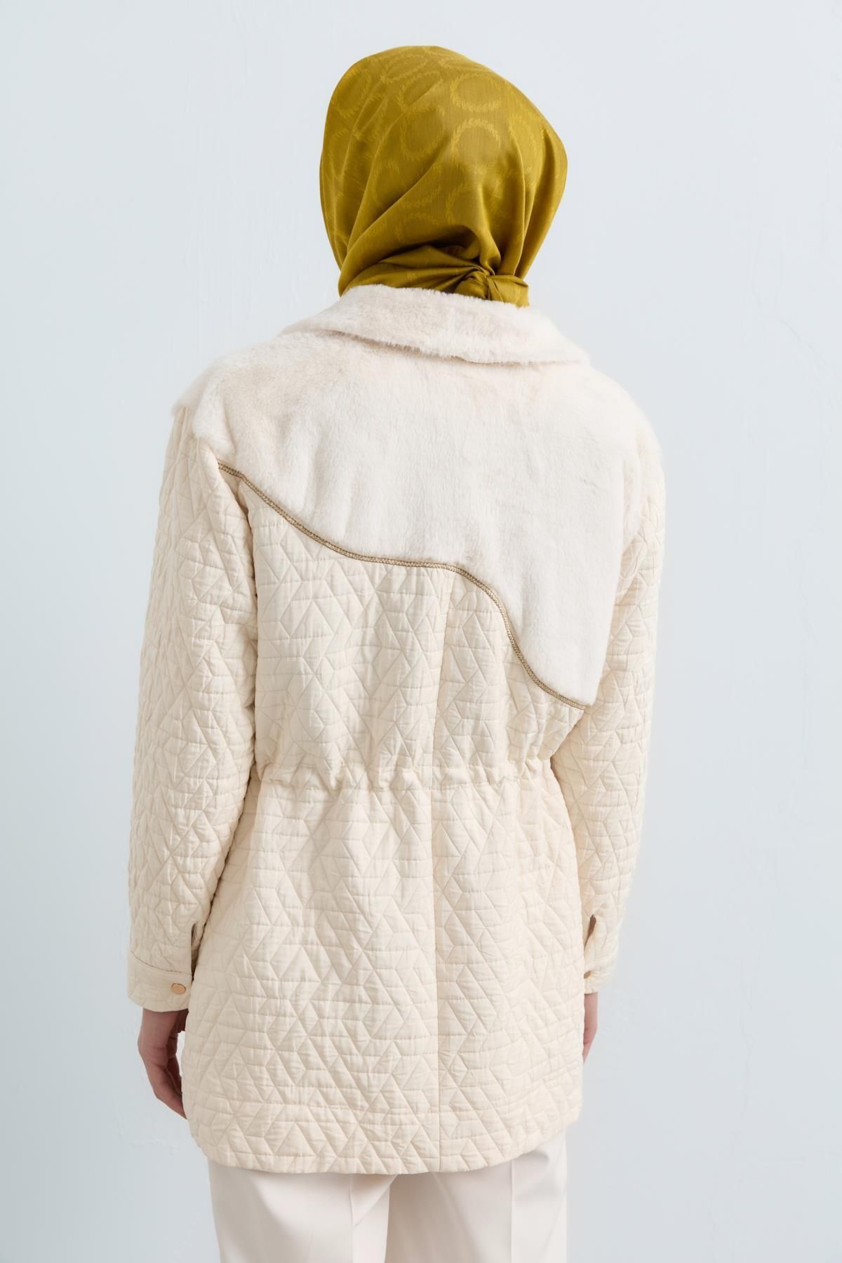 Nihan-Ecru Plush Detailed Thin Quilted Jacket - Drawstring Waist 8
