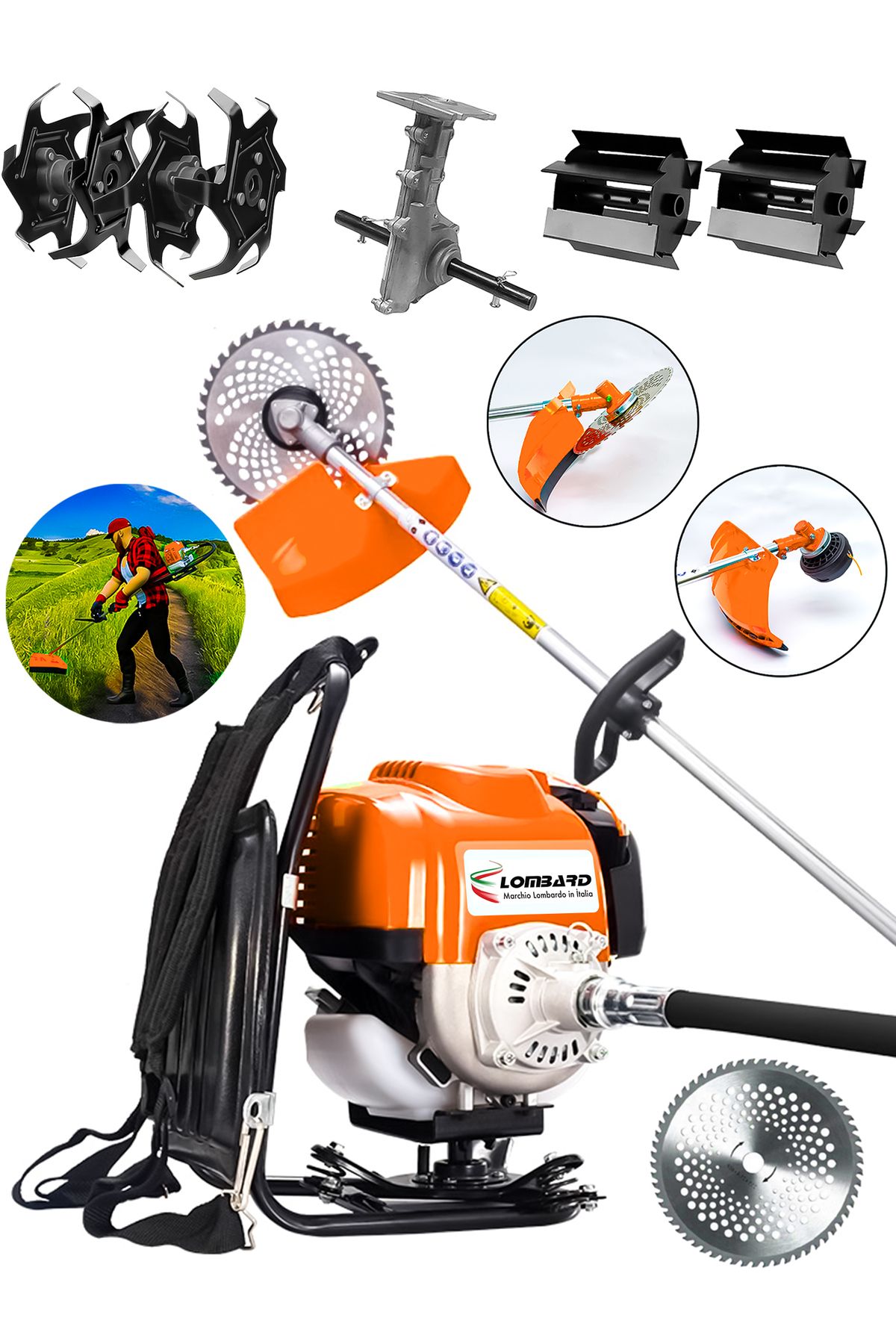 Cros LOMBARD İtalia L-T500 G-TEC MOTOR Sırt Tipi Ot Çim Çalı Biçme Tırpanı + Toprak Eşeleme+ Akrobat Çapa Aparatı