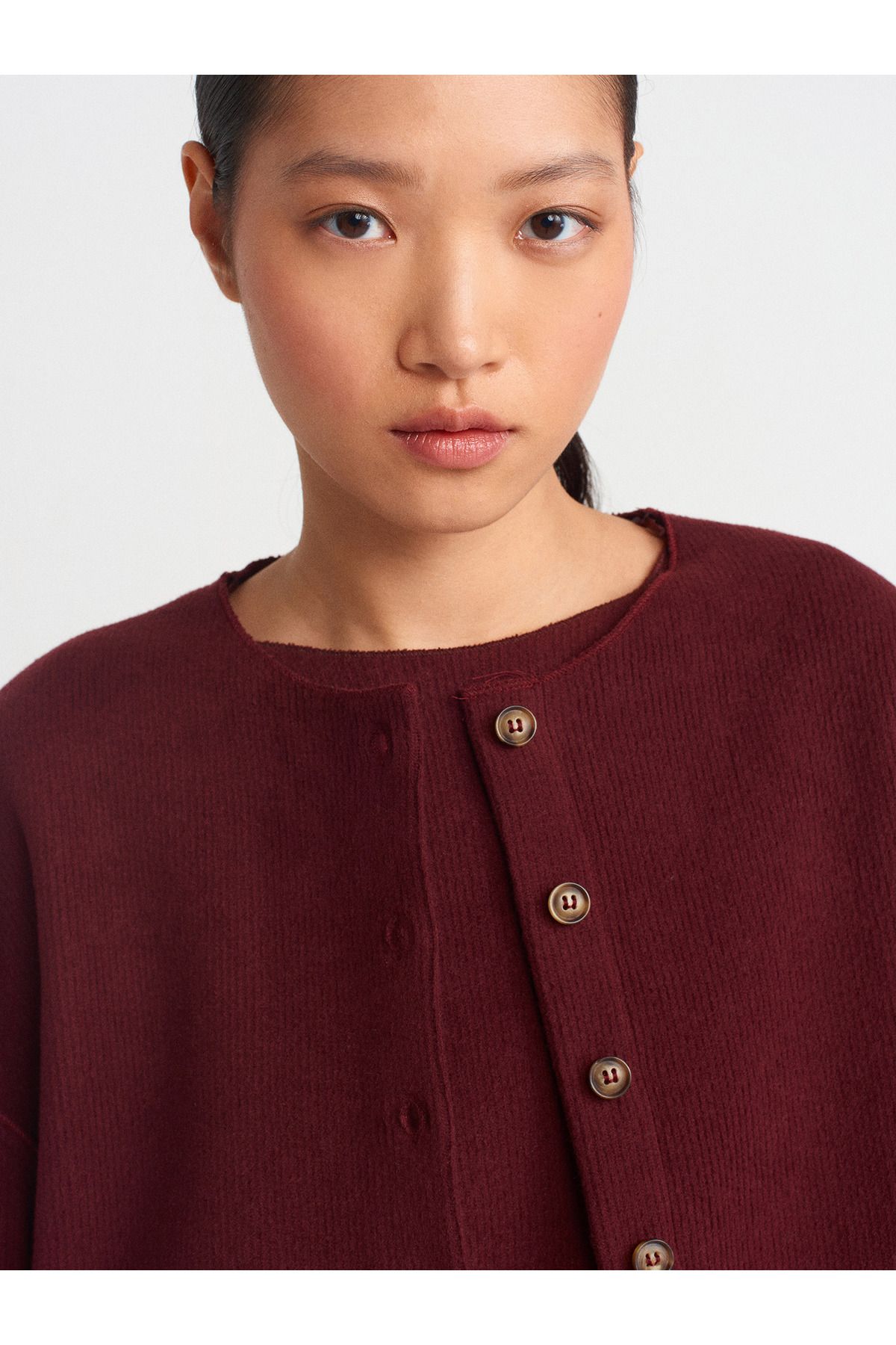 Dilvin-60426 Cardigan cu mânecă lungă cu nervuri roșu Claret 4