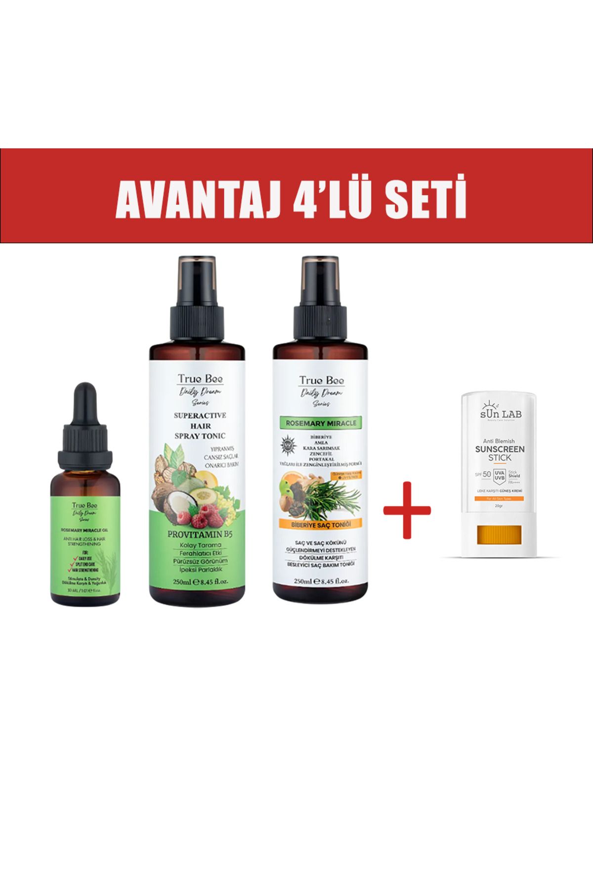 True Bee Avantaj 4'lü Rosemary Miracle Biberiye Bakımı 3’lü Set + Sunlab Leke Karşıtı SPF50 Güneş Kremi 20gr