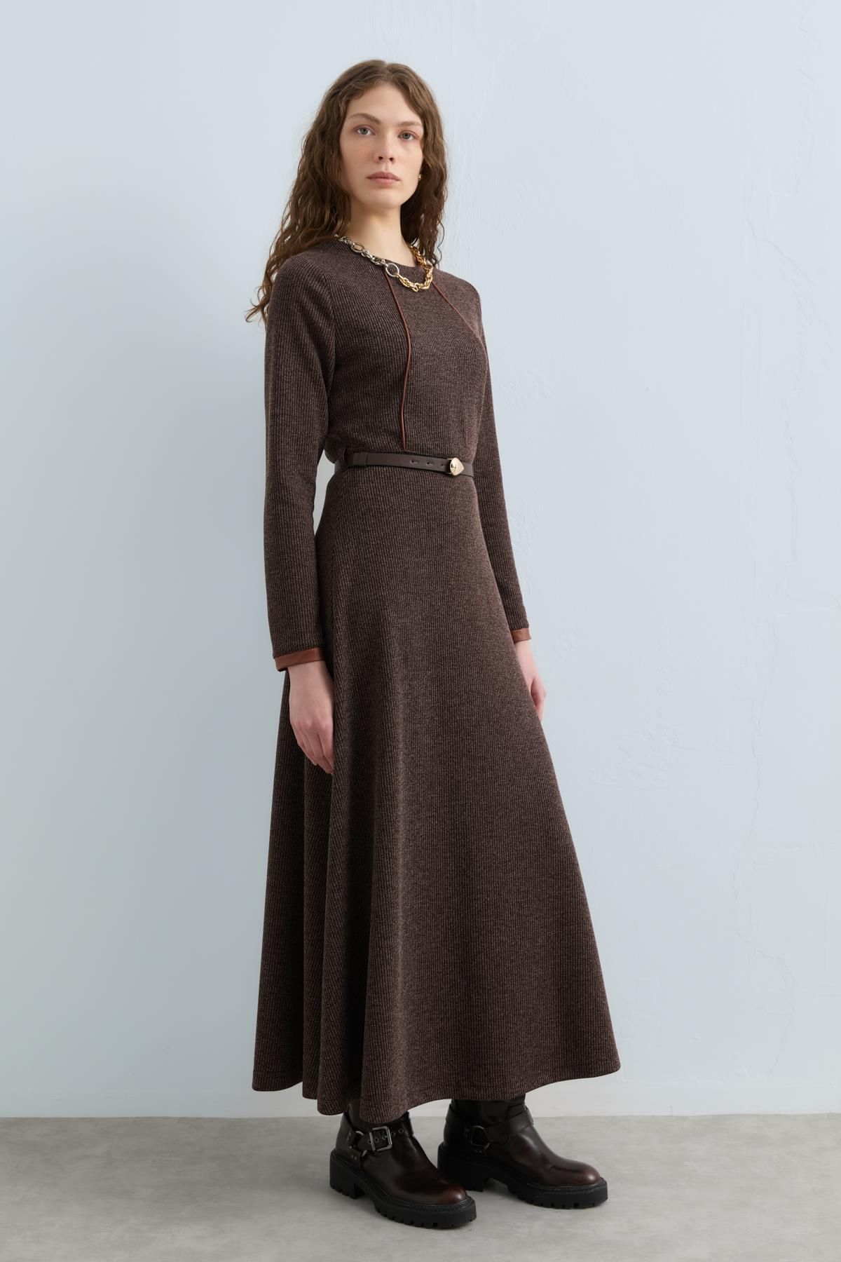 Kemerli Örme Elbise Kahve - 7