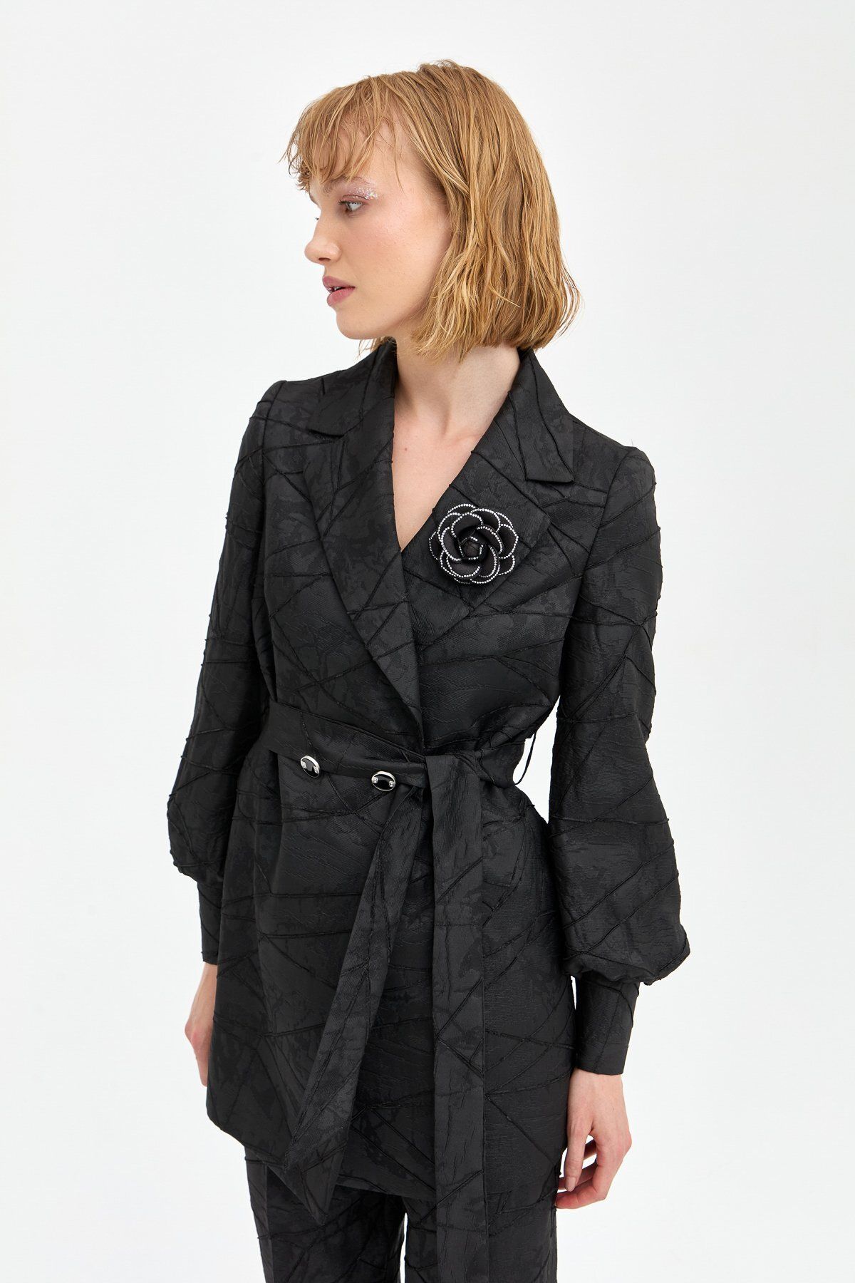 Nihan-Black Trousers with Jacquard Stone Accessories - Jacket Set 7