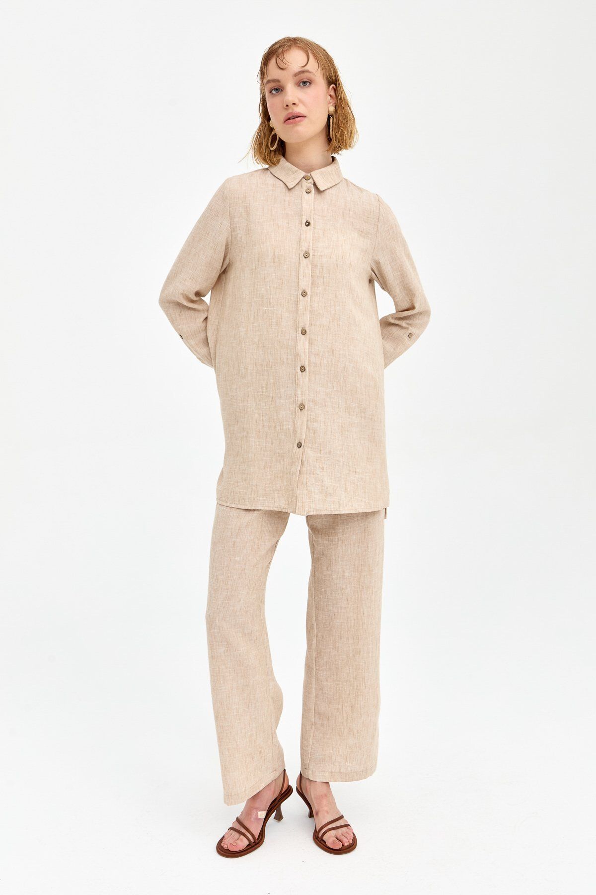 Nihan-Beige Linen Trousers and Tunic Set 3