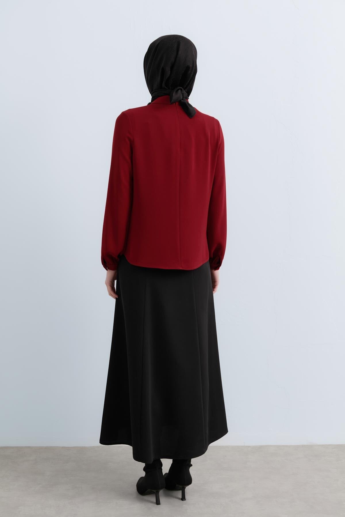 Nihan-Collared Scarf-Skirt Blouse Set (Burgundy) 4