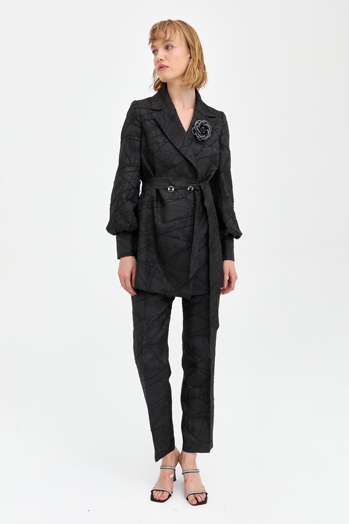 Nihan-Black Trousers with Jacquard Stone Accessories - Jacket Set 2