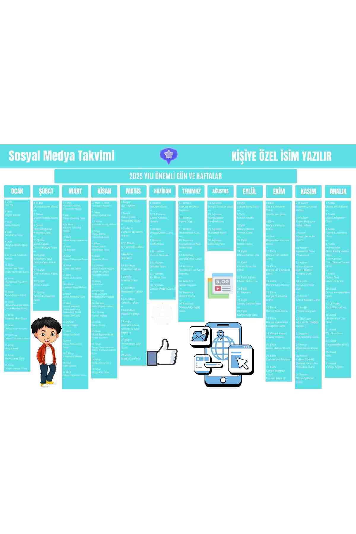 P Parla 2025 Kişiye Özel Sosyal Medya Takvimi - Özel Günlerle Dolu Eğlenceli Duvar Afişi Açık Mavi