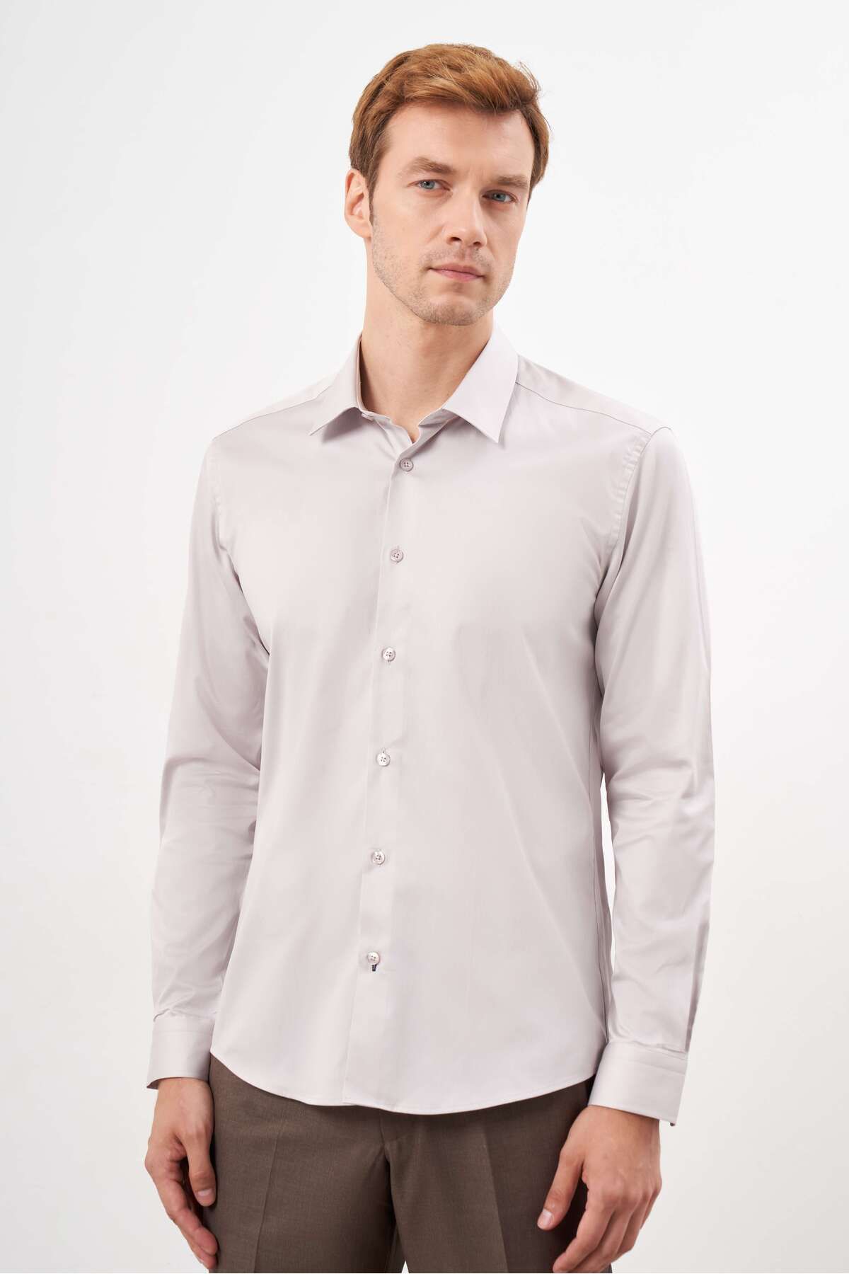 Morven-Men's Stone Cotton Plain Pattern Hard Collar Slim Fit Shirt 3