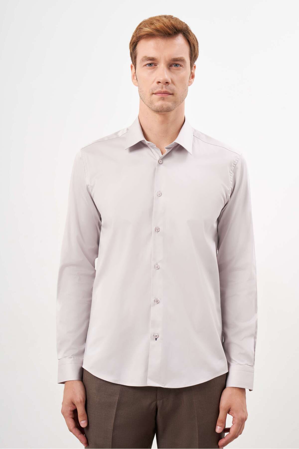 Morven-Men's Stone Cotton Plain Pattern Hard Collar Slim Fit Shirt 1