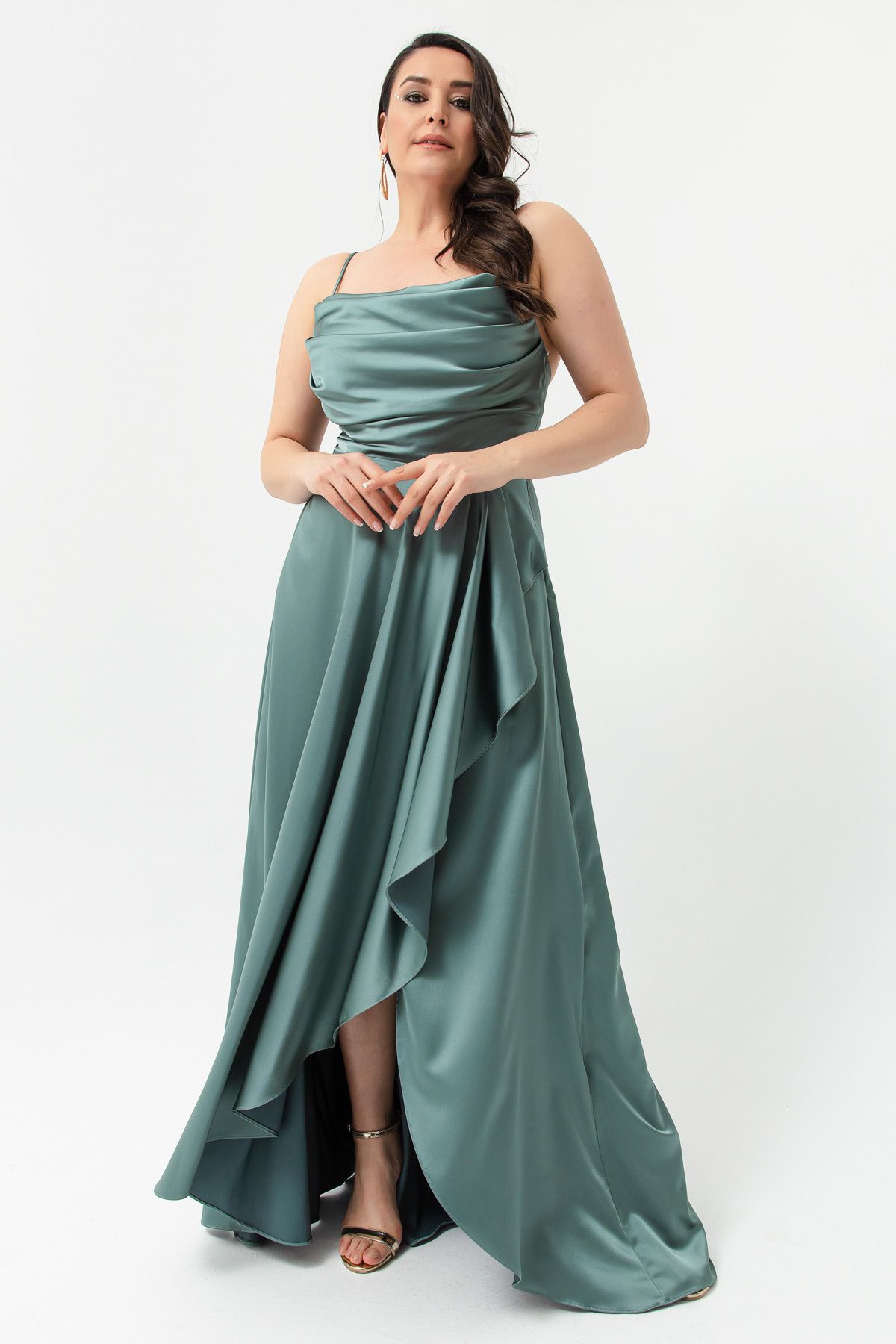 Lafaba-Türkisfarbenes Volant-Schlitz-Abendkleid aus Satin in Übergröße für Damen, Abschlusskleid 1