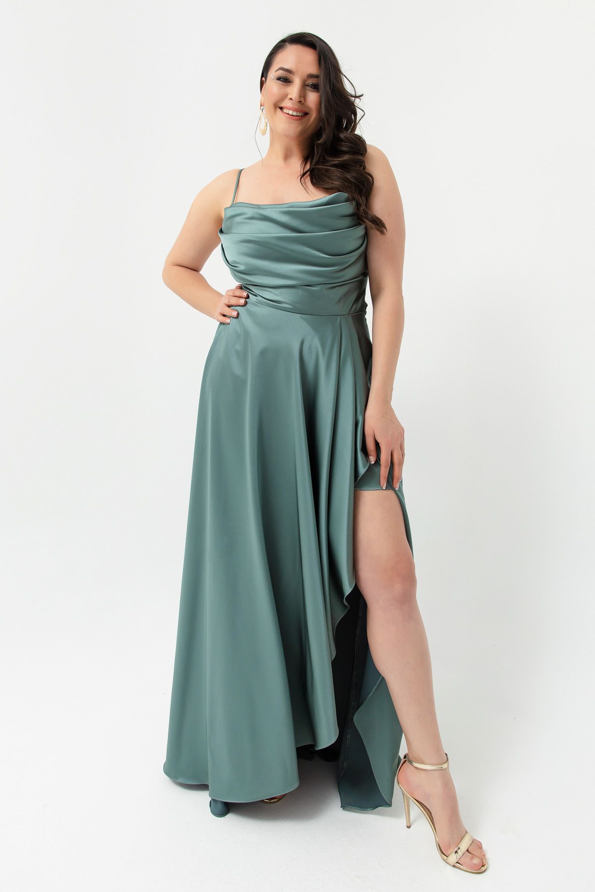 Lafaba-Türkisfarbenes Volant-Schlitz-Abendkleid aus Satin in Übergröße für Damen, Abschlusskleid 3