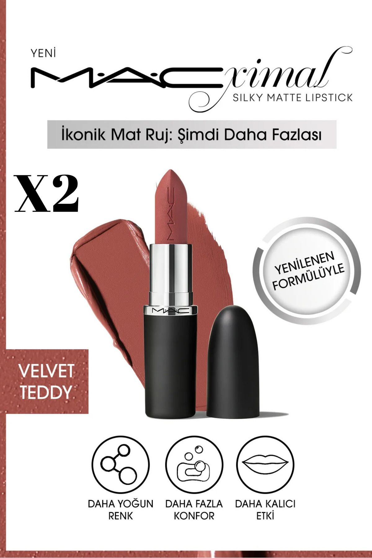 M.A.C M·A·CXIMAL Silky Matte Lipstick Nemlendirme Etkili Yoğun Renk Sağlayan Ruj - Velvet Teddy X2 Adet