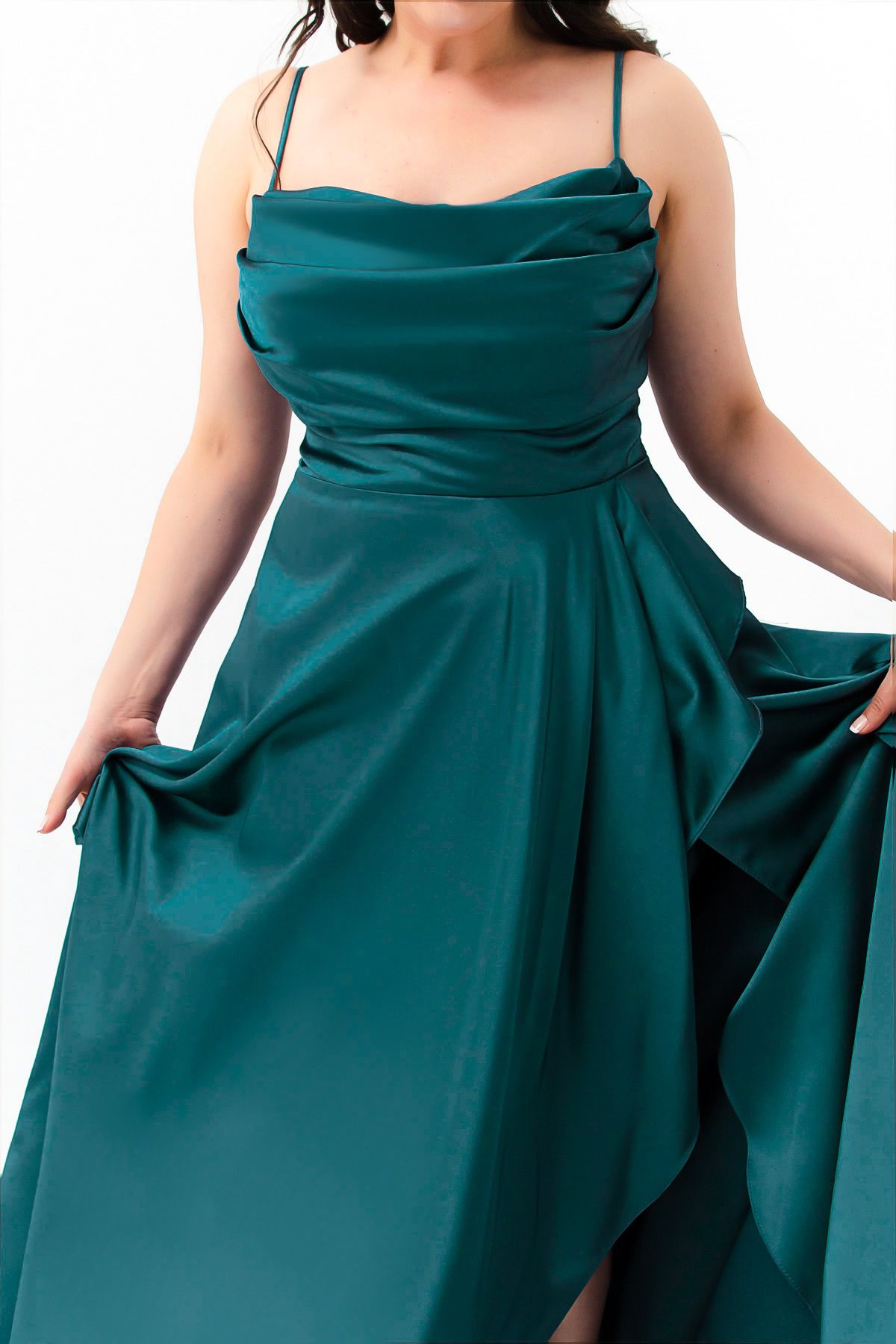 Lafaba-Rochie de seară din satin de marime mari cu fantă cu volan de damă Rochie de absolvire 4