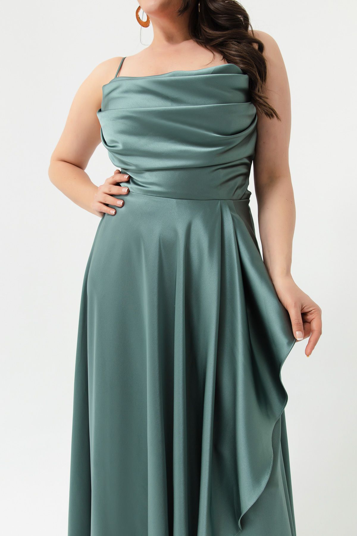 Lafaba-Türkisfarbenes Volant-Schlitz-Abendkleid aus Satin in Übergröße für Damen, Abschlusskleid 4