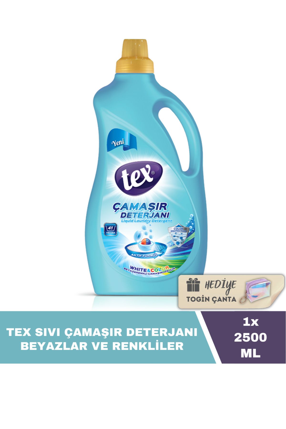 Tex Sıvı Çamaşır Deterjanı Beyazlar ve Renkliler 2500 ML X1 Adet + Hediye Togin Çanta