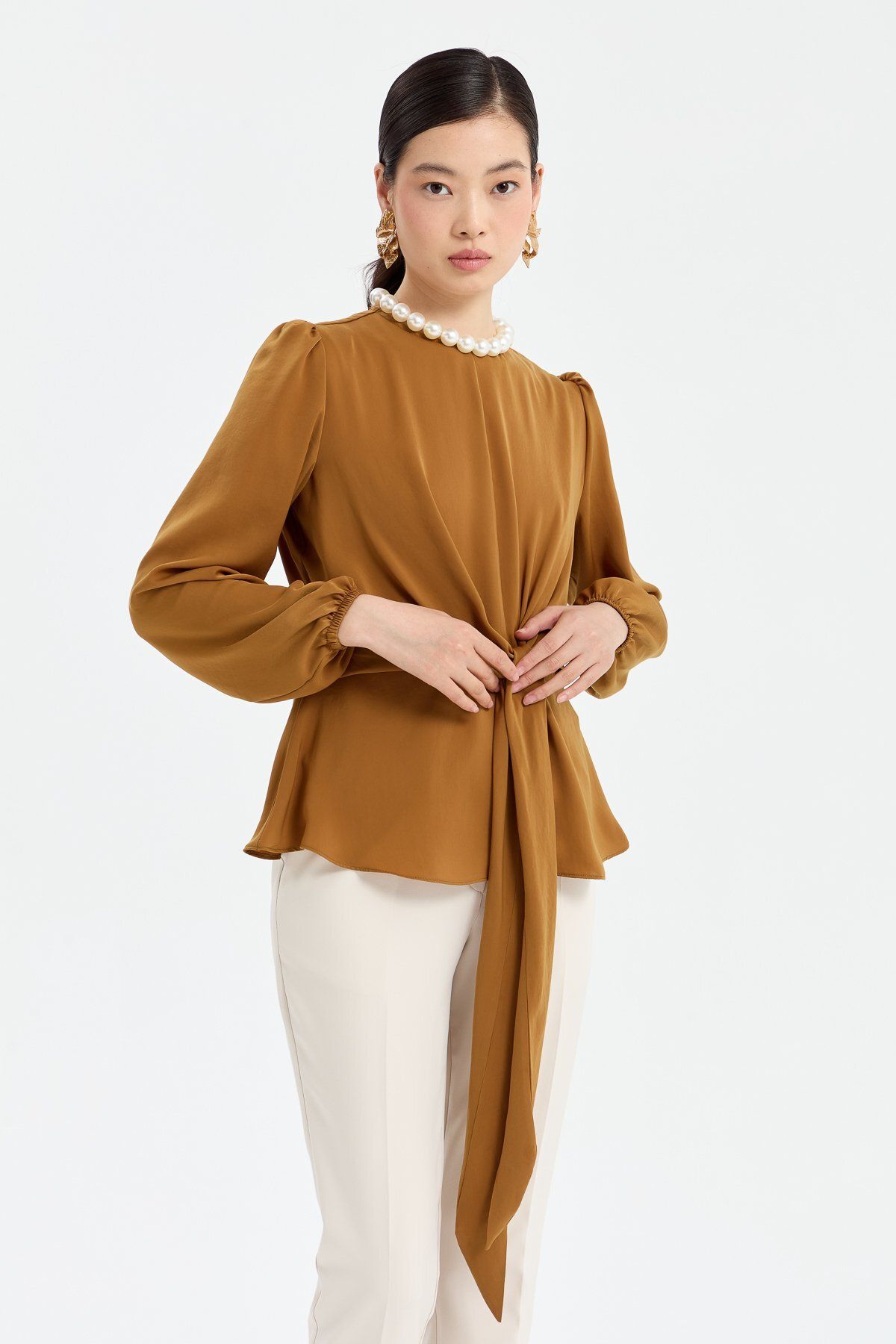 Nihan-Camel Colored Stylish Blouse - Front Tie-up Design 3