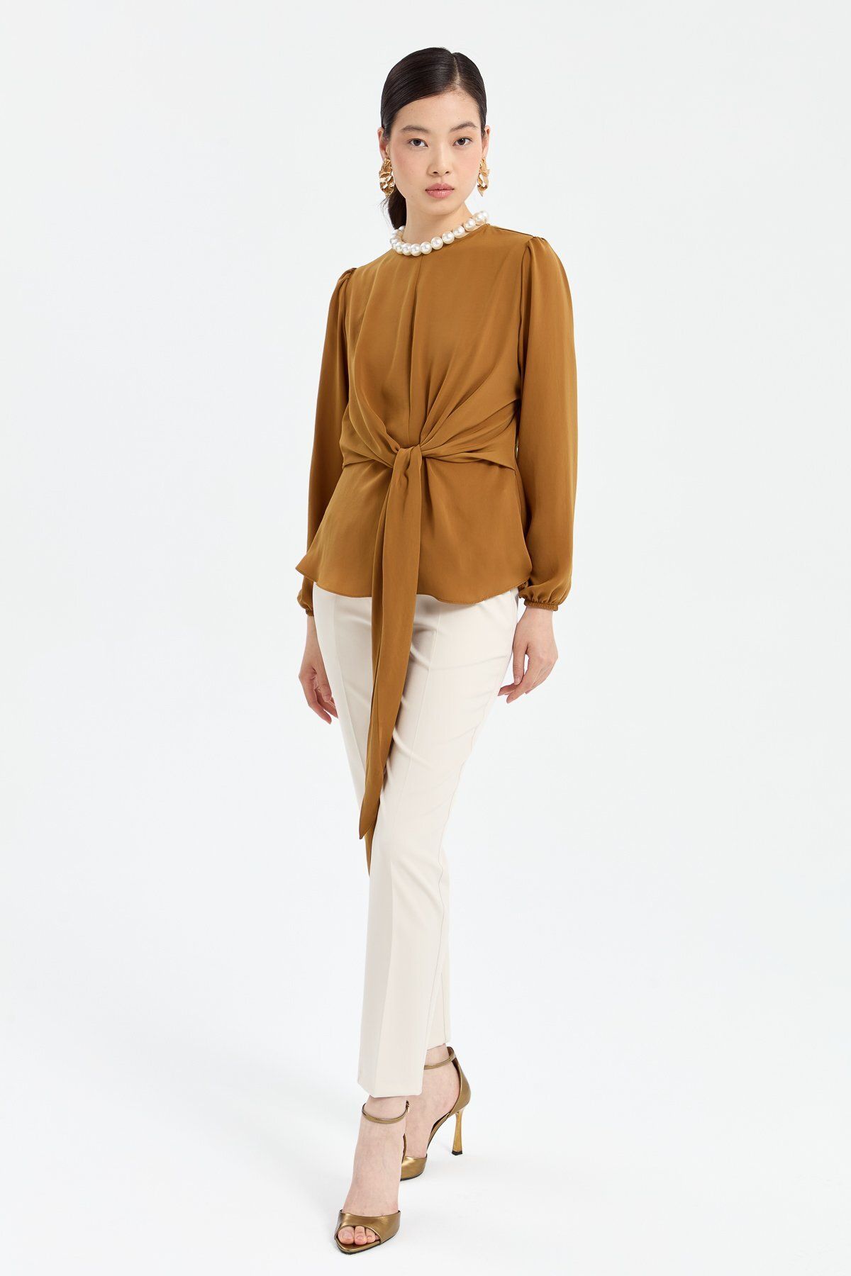 Nihan-Camel Colored Stylish Blouse - Front Tie-up Design 4