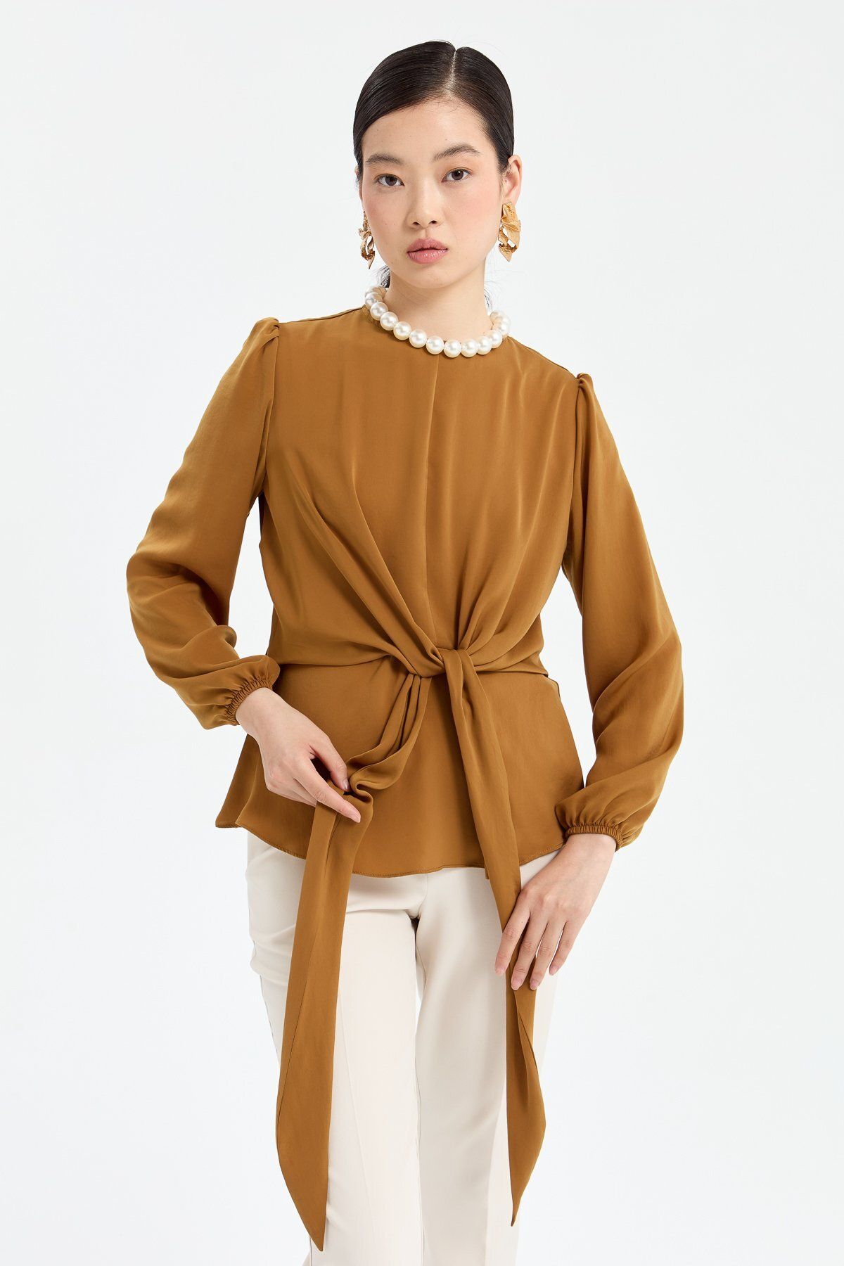 Nihan-Camel Colored Stylish Blouse - Front Tie-up Design 7