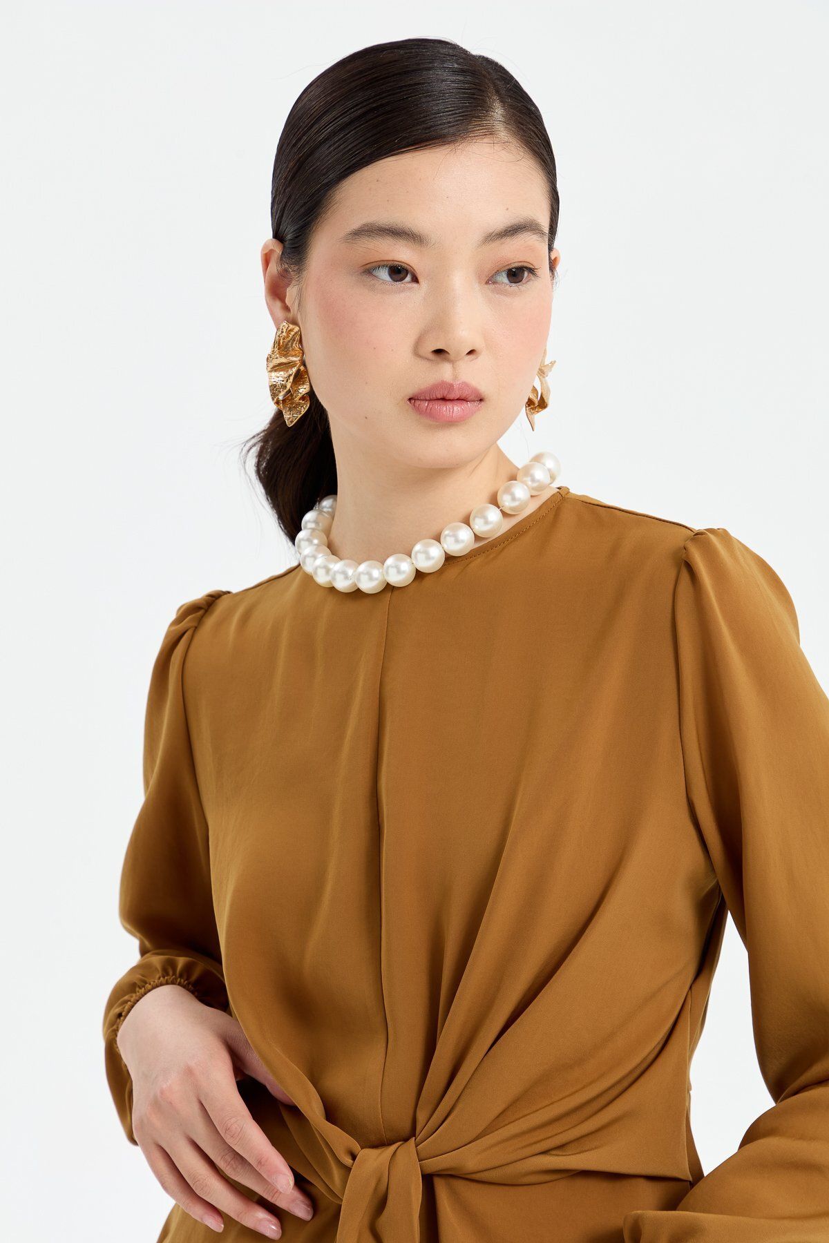 Nihan-Camel Colored Stylish Blouse - Front Tie-up Design 6