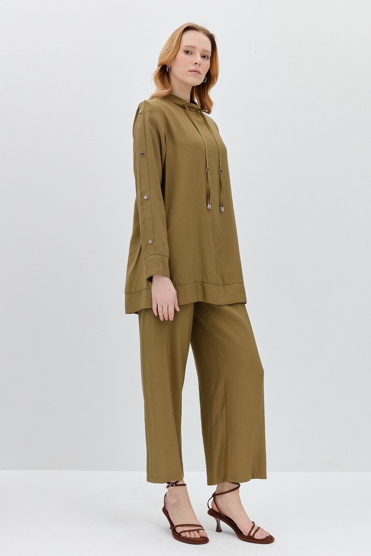 Nihan-Pants Tunic Set with Snap Detail on Sleeves Khaki 5