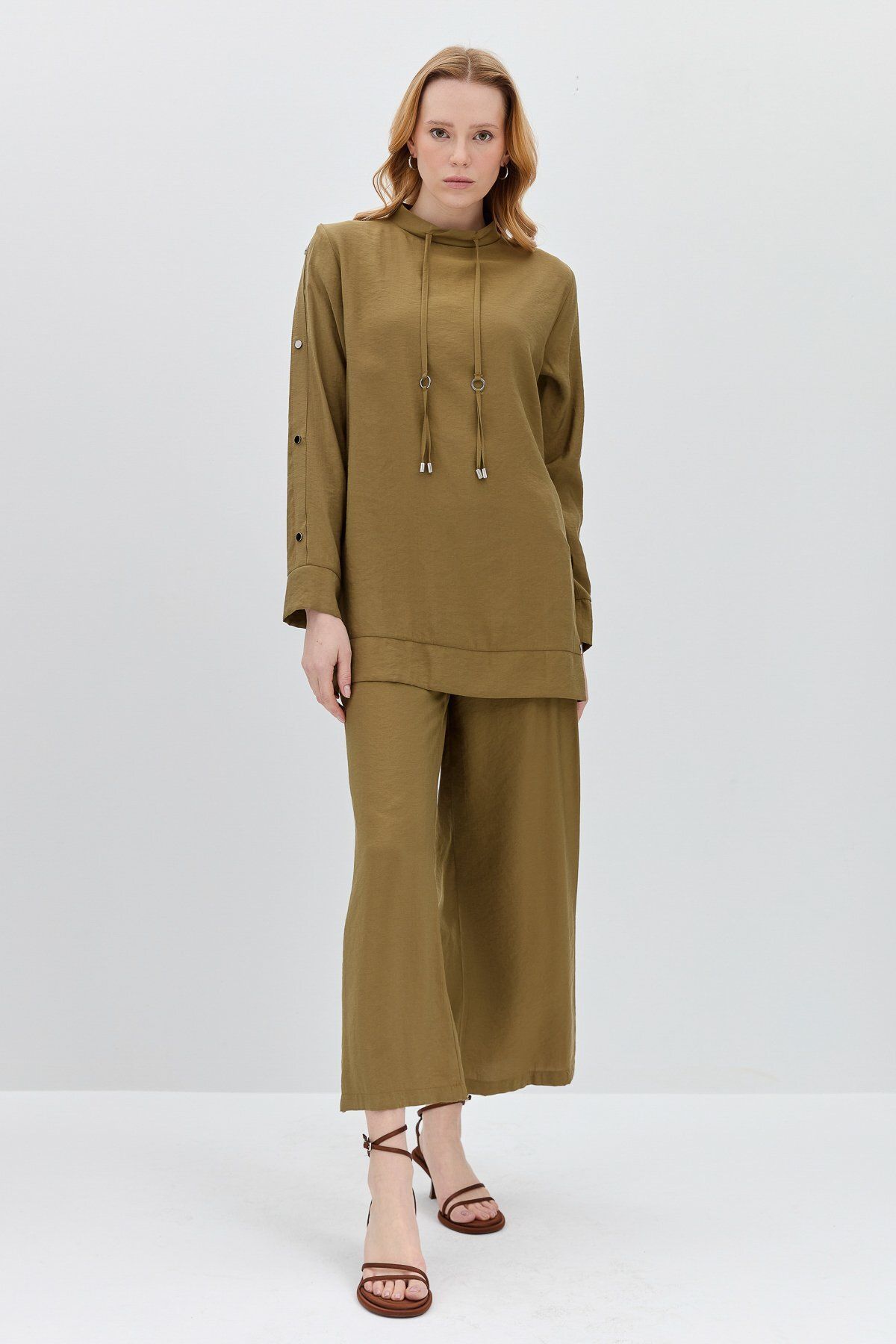 Nihan-Pants Tunic Set with Snap Detail on Sleeves Khaki 3