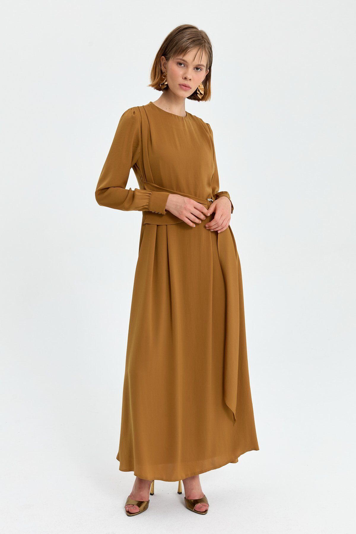 Kuşak Detaylı Elbise Camel - 6