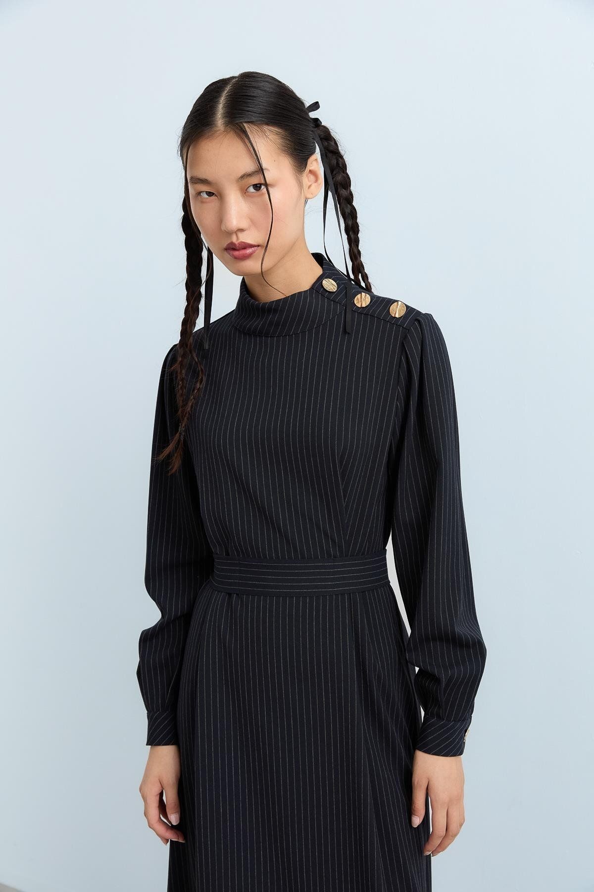 Nihan-Buttons Off the Shoulder Belted Striped Dress Navy Blue 5