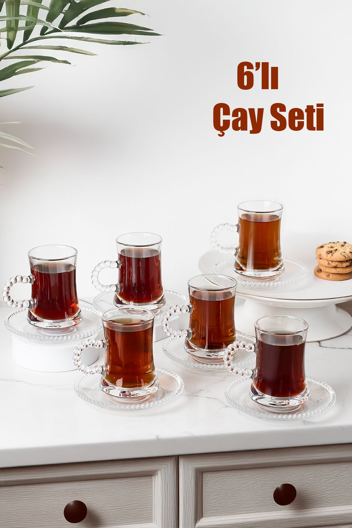 Porsima Pearl-Gırona 6 Kişilik 12 Parça Boncuklu Cam Çay Takımı Çay Seti 110ml