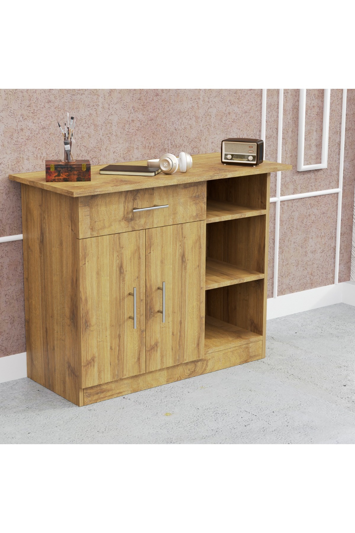 Mahmayi-Cabinet with Single Drawer, 2 Door Storage and 3 Open Shelf-Cognac Brown Sherman Oak 4