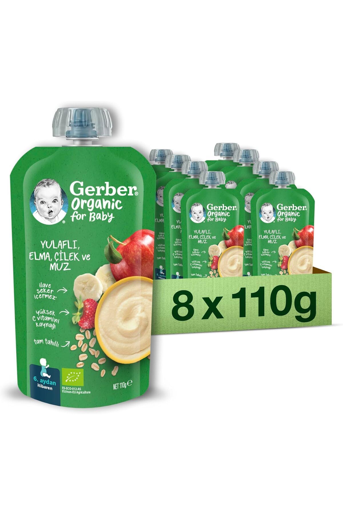 GERBER Organik Yulaflı Elma, Çilek ve Muz Püre 8x110g