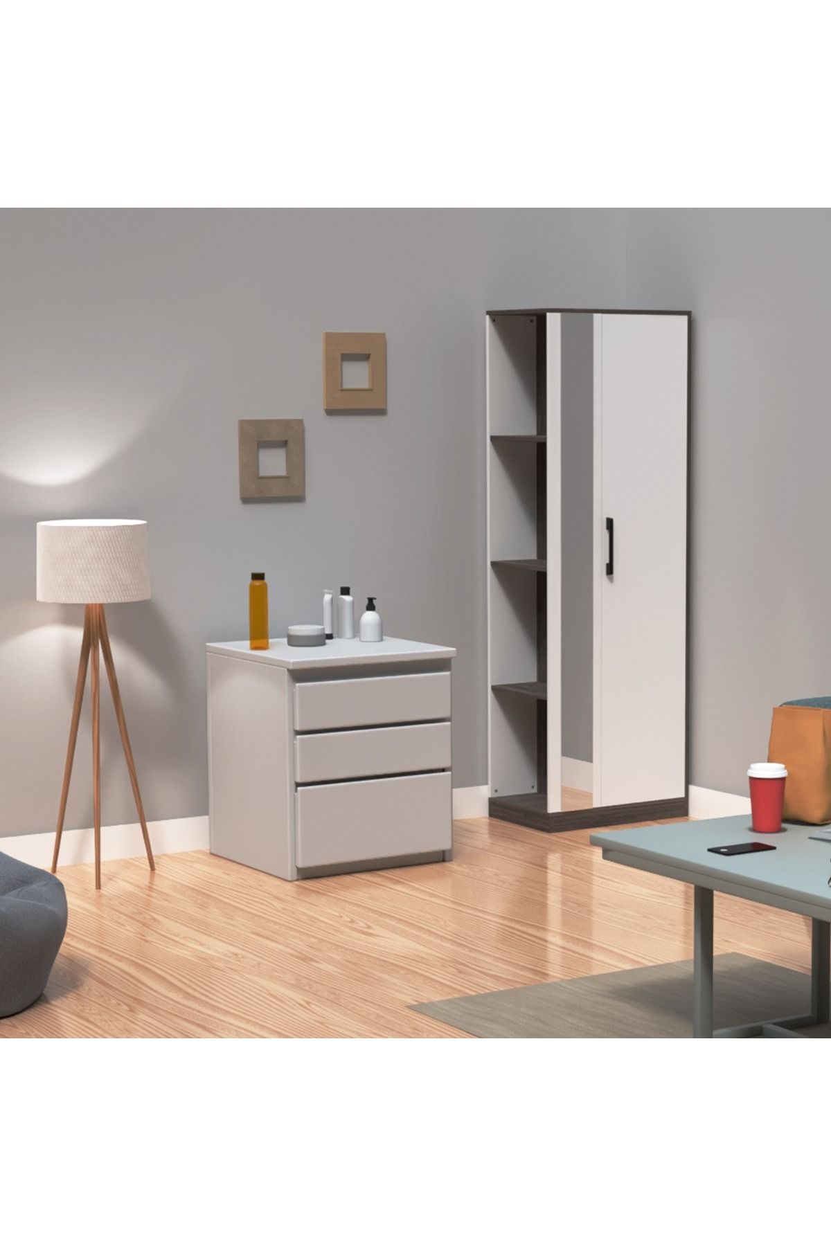 Mahmayi-Modern Wardrobe With Side Mirror And Side Shelf, Cabinet With Hangers - Anthracite Sherman Oak 4