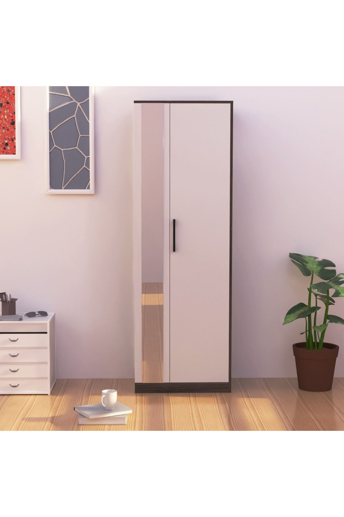 Mahmayi-Modern Wardrobe With Side Mirror And Side Shelf, Cabinet With Hangers - Anthracite Sherman Oak 3