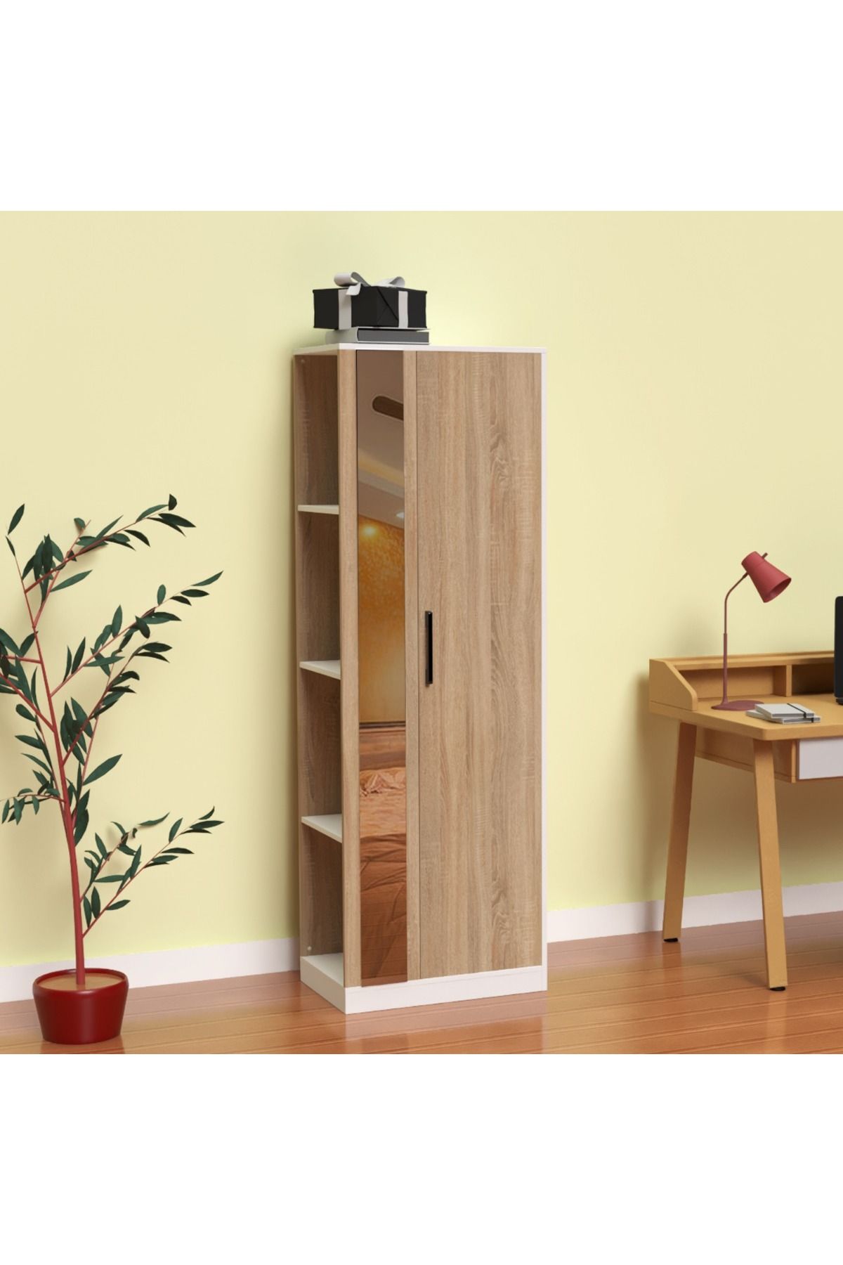 Mahmayi-Modern Wardrobe With Side Mirror And Side Shelf, Cabinet With Hangers - Grey Bardolino Oak 2