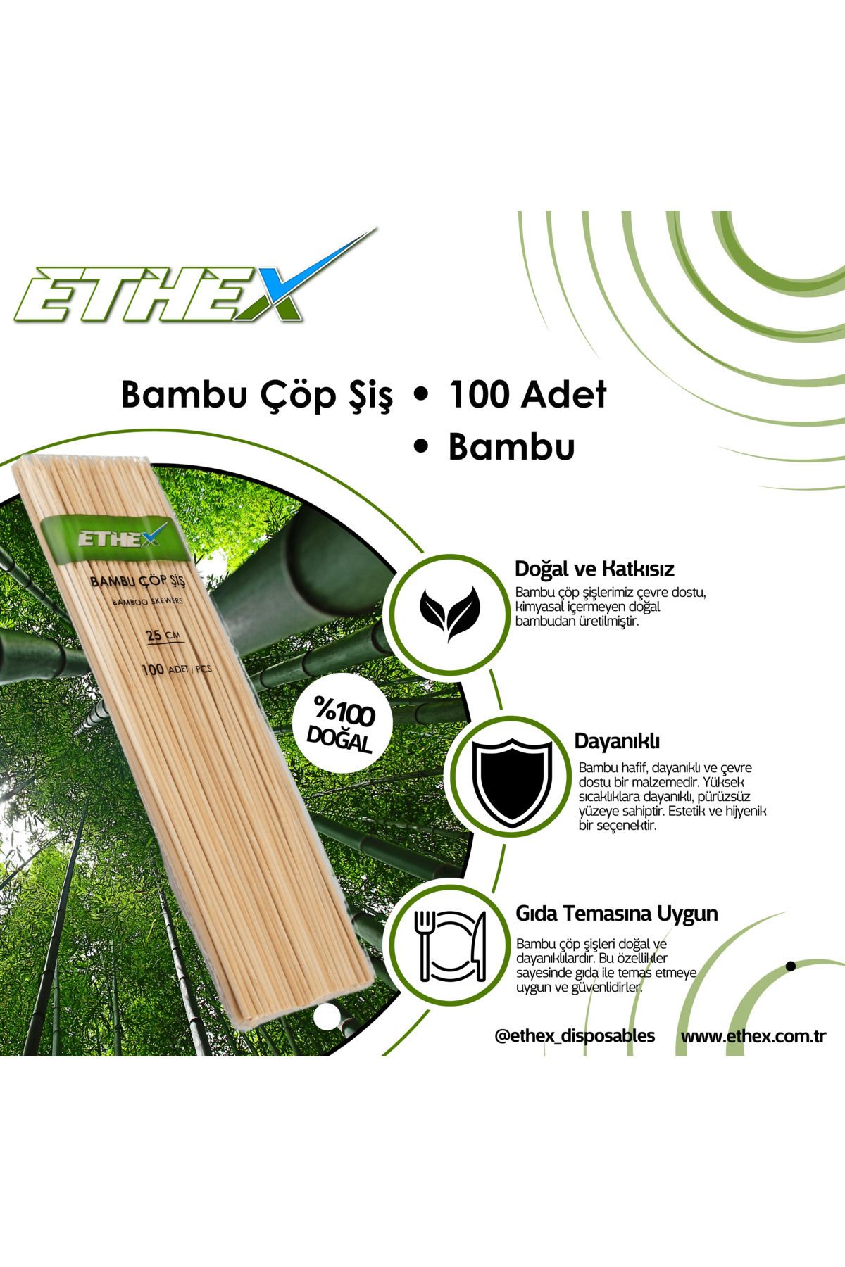 Ethex Bambu Çöp Şiş - (25 CM, 100 ADET, 2 PAKET, TOPLAM 200 ADET)